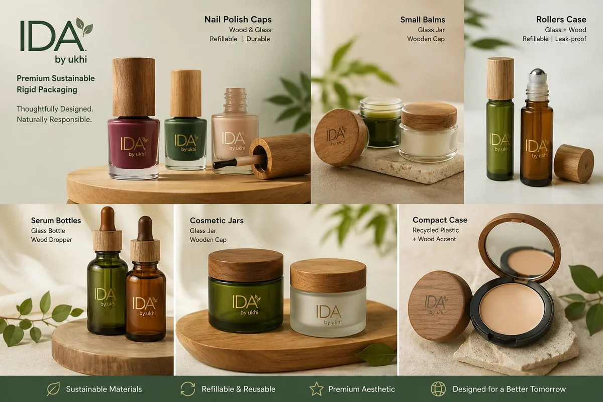 IDA by ukhi upcoming premium cosmetic packaging range — nail polish caps, small balms, roller cases, serum bottles, cosmetic jars and compact case